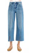 Risen Mid Rise Tummy Control Crop Wide Front Slit Jeans In Medium Wash In Blue