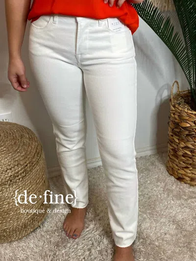 Risen Mid Rise Tummy Control Raw Hem Straight Jeans In White