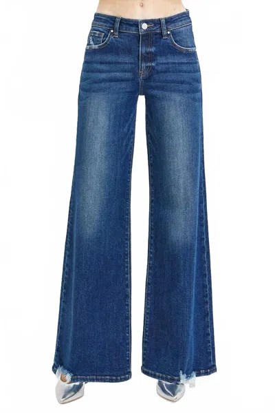 Risen Mid Rise Wide Leg Jeans In Dark Wash In Blue