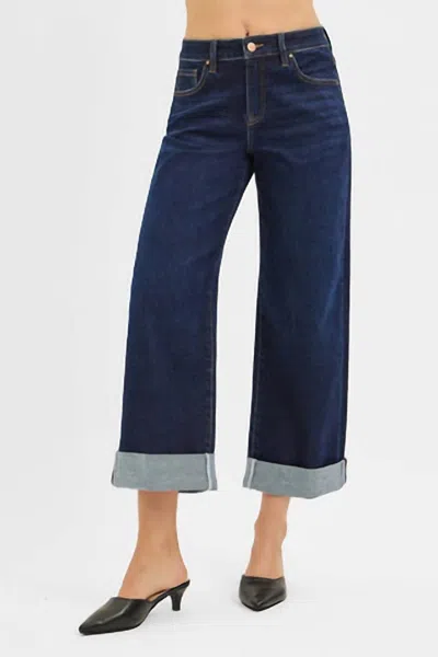 Risen Mid Rise Wide Roll-up Jeans In Dark Wash In Blue
