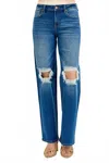 Risen Mid Waist Fit Boyfriend Knee Distressed Jeans In Medium Blue Wash In Blue