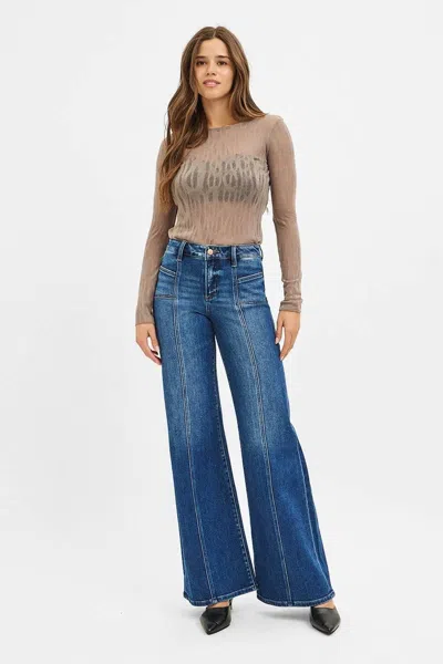 Risen Mid-rise Front Seam Wide-leg Western Jeans In Dark Wash In Brown