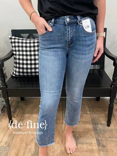 Risen Mid-rise Raw Hem Straight Jeans In Blue