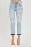 Risen Midrise Sequin Patch Tapered Jeans In Blue In Blue