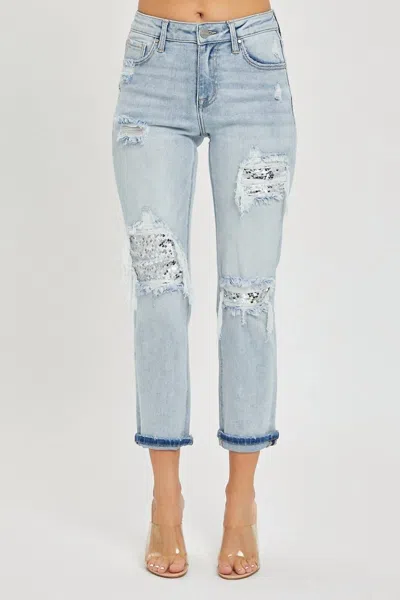 Risen Midrise Sequin Patch Tapered Jeans In Blue