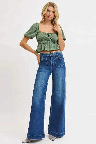 Risen Mid-rise Wide Front Patch Pocket Western Jeans In Dark Wash In Blue