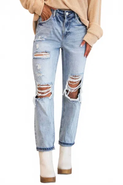 Risen Milo High Rise Distressed Boyfriend Jeans In Light Wash In Blue