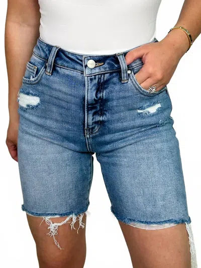 Risen Natalie Tummy Control Distressed High-rise Fray Hem Bermuda Shorts In Medium Wash Denim In Blue