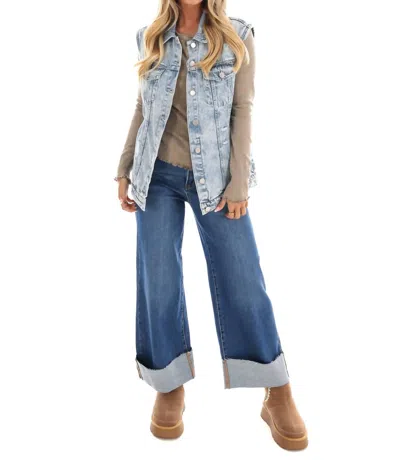 Risen Uptown Fit High Rise Wide Leg Cuffed Jeans In Medium In Blue