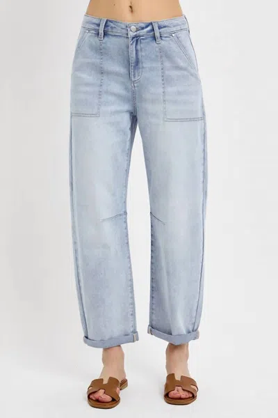 Risen Patch Pocket Barrel Cuffed Jeans In Light Wash In Blue