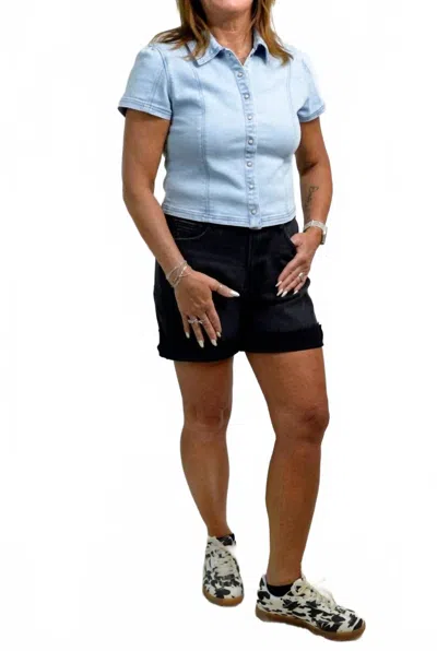 Risen Pearl Button Shirt Top In Denim In Blue