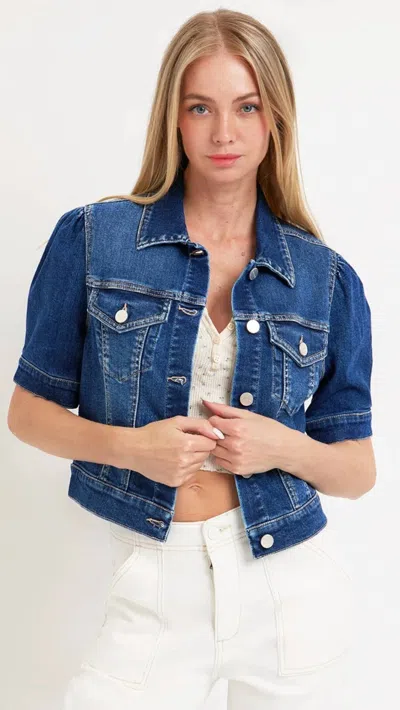 Risen Puffed Short Sleeve Crop Jean Jacket In Blue