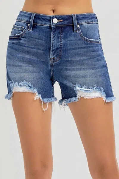 Risen Rachel Distressed Mid Rise Jean Shorts In Dark Blue