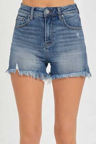 Risen Reba High Rise Side Slit Shorts In Medium Wash In Blue