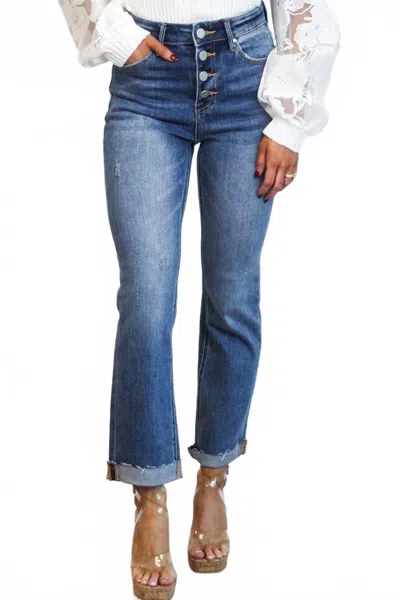Risen Riley High Waisted Straight Leg Jeans In Dark Wash In Blue
