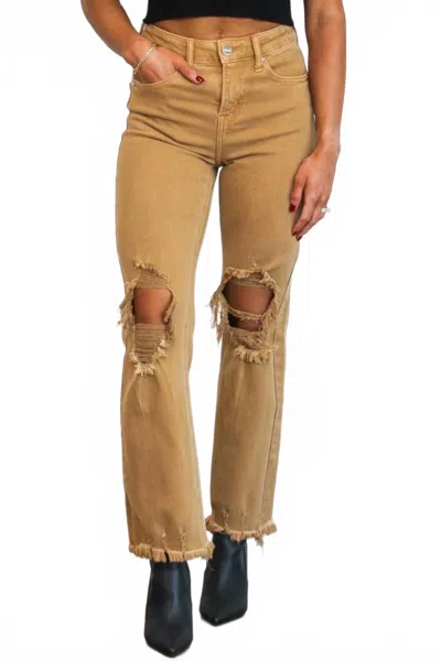 Risen Riva Distressed High Rise Straight Jeans In Camel In Brown