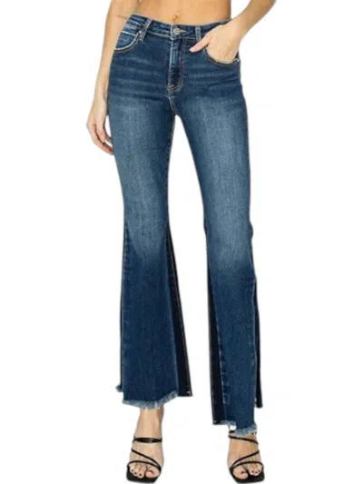 Risen Side Shadow Seam Detail Slit Flare Jeans In Dark Blue
