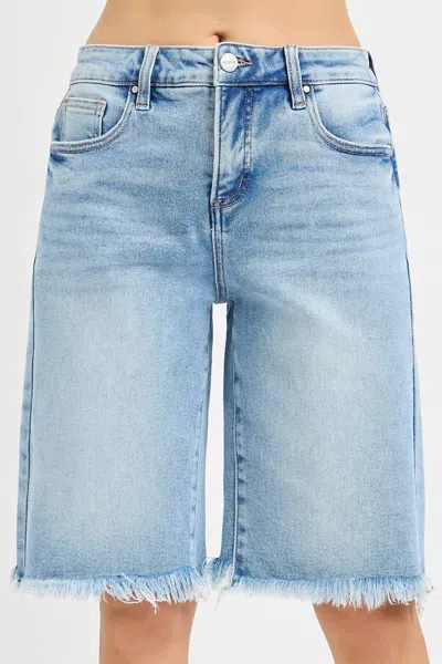 Risen Slouchy Bermuda Shorts With Frayed Hem In Light Wash In Blue