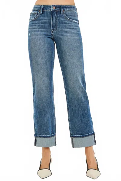 Risen Slouchy Straight Leg Cuffed Hem Jeans In Dark Wash In Blue