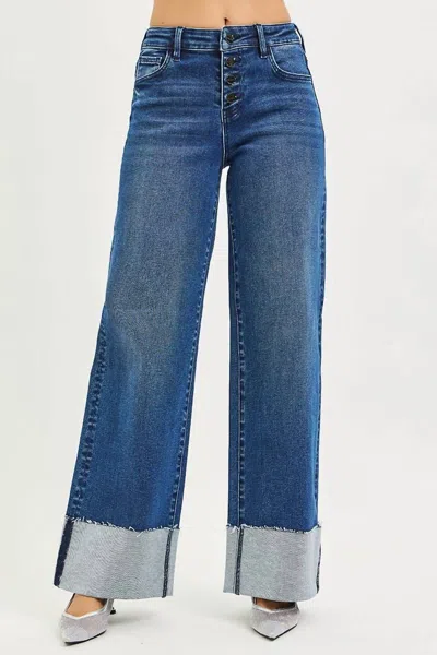 Risen Slouchy Wide Leg Jeans With Cuffed Hem In Dark Wash In Blue