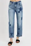 Risen Star Shadow Mid Rise Boyfriend Cuffed Jeans In Medium Wash In Multi