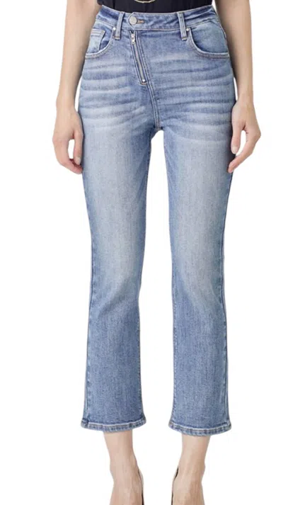 Risen Straight Leg Asymetrical Zipper Jeans In Light Denim In Blue