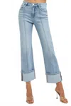 Risen Straight Wide Cuff Jeans With Seam In Light Wash In Blue