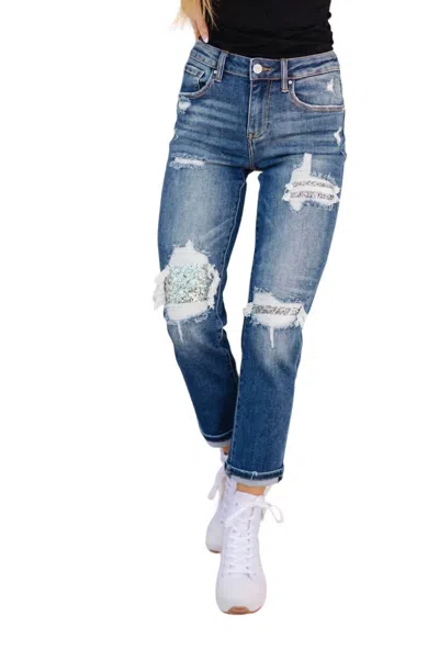 Risen Suki Mid Rise Sequin Patch Tapered Jeans In Dark Wash In Blue