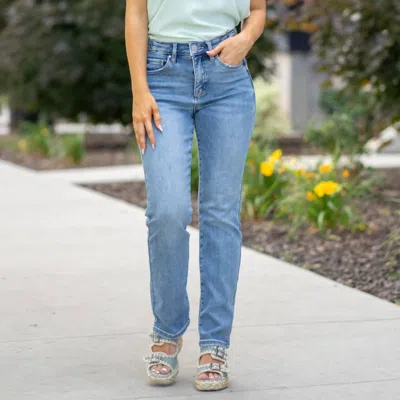Risen Sutton High Rise Adjustable Straight Leg Jeans In Denim In Blue