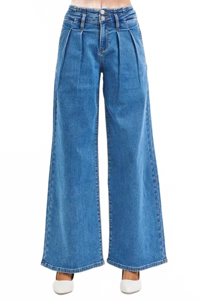 Risen Sutton Slouchy Wide Leg Pleated Jeans In Medium Wash In Brown