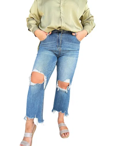 Risen Tina High Rise Distressed Crop Straight Jeans In Mediun Blue