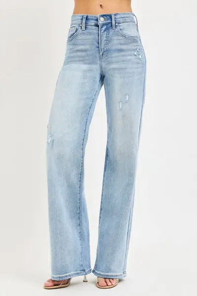Risen Tummy Control E-band High Rise Wide Leg Jeans In Washed Blue