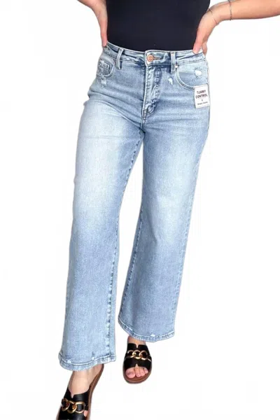 Risen Tummy Control High Rise Crop Wide Leg Jeans In Light Wash In Blue