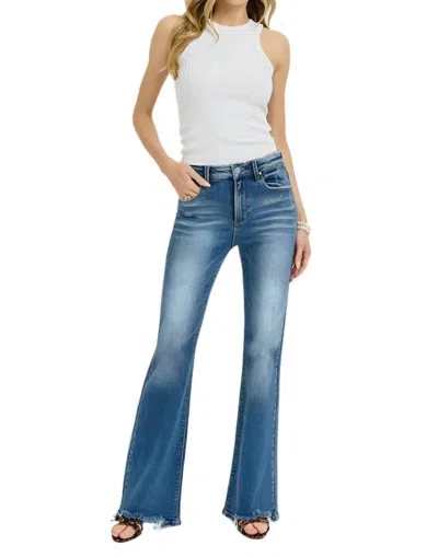 Risen Tummy Control High Rise Flare Step Hem Jeans In Dark Blue