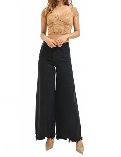 Risen Tummy Control High Rise Palazzo Leg With Frayed Hem Jean In Black