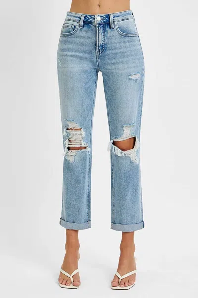 Risen Tummy Control High Rise Straight Double Roll Up Jeans In Blue