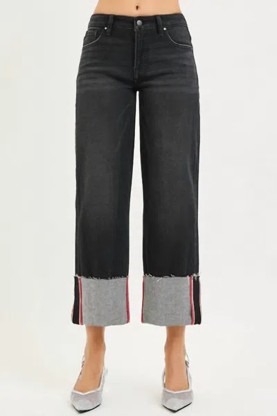 Risen Tummy Control Mid Rise Crop Wide Cuffed Jeans In Charcoal In Black