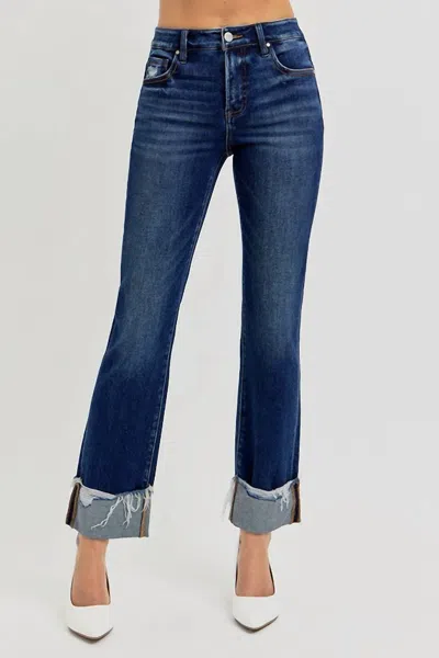 Risen High Rise Ankle Straight Cuffed Jeans In Dark Denim In Blue