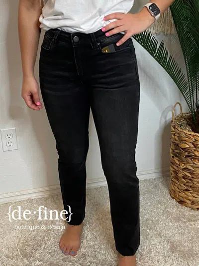 Risen Washed Mid Rise Raw Hem Straight Jeans In Black