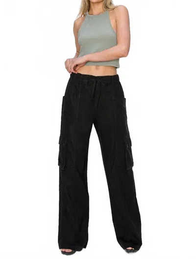 Risen Wide Leg Linen Cargo Pants In Black