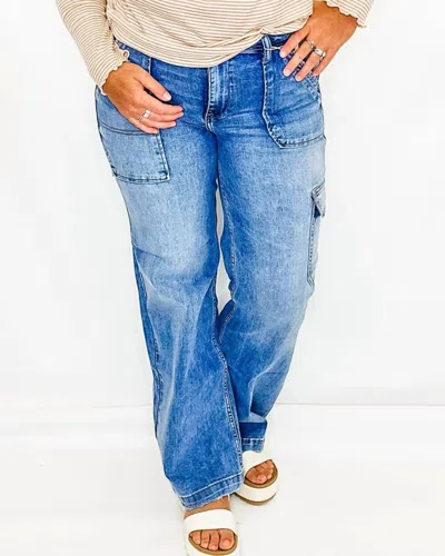Risen Women's High Rise Wide Leg Cargo Pocket Jeans In Medium Wash