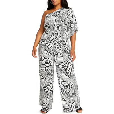 River Island Black Marble Print One-shoulder Jumpsuit In Gray