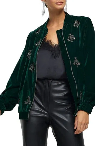 River Island Embellished Velvet Bomber Jacket In Green