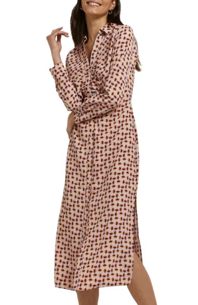 River Island Geometric Print Long Sleeve Midi Shirtdress In Orange