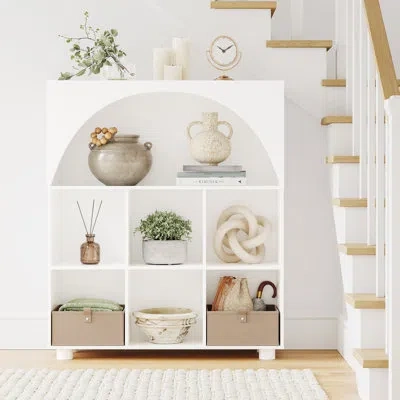 Riverridge Home Arched 35 In. 6 Cubby Storage Cabinet With 2pc Half Size Bins In White,taupe