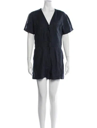 Pre-owned Rivet Utility Linen V-neck Romper In Blue