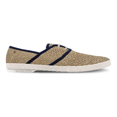 Rivieras Women's Neutrals Raffia Slip-on Loafer With Laces & Navy Trim In Blue