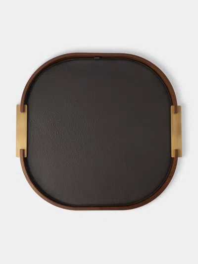 Riviere Dama Walnut And Leather Round Tray (25in/64cm) In Brown