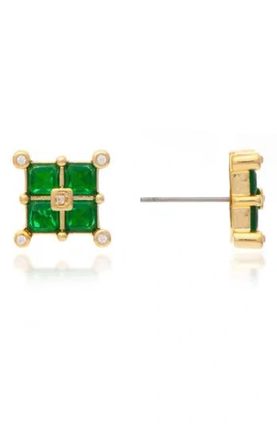 Rivka Friedman 18k Yellow Gold Clad Crystal Cluster Square Stud Earrings In 18k Gold Clad/green Crystal