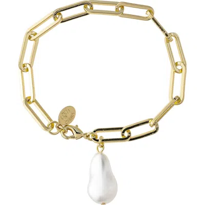 Rivka Friedman Faux Pearl Charm Paper Clip Link Bracelet In Gold